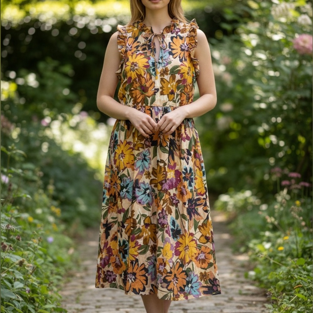 MAGGY LONDON Woman Floral Ruffle Sleeveless Dress Cotton size 10